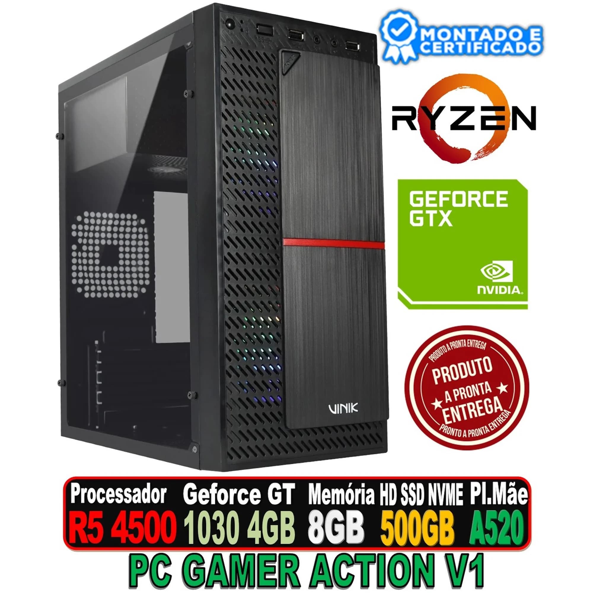 PC GAMER ACTION V1 AMD RYZEN 5 4500, GEFORCE GT 1030 4GB, 8GB DDR4, SSD 500GB, PLATE, FONTE 500W
