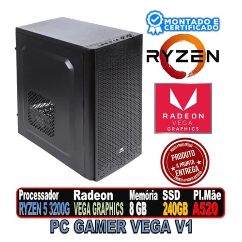 PC GAMER VEGA V1 AMD RYZEN 3 3200G, RADEON VEGA GRAPHICS, PL. MAE A520M GIGABYTE, MEMORIA 8GB DDR4, SSD 240GB, GABINETE PRETO
